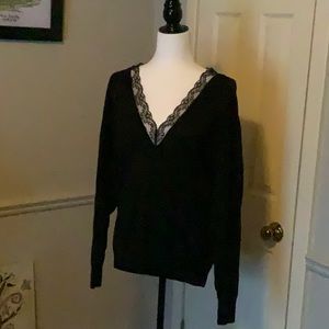 CAbi Black V-Neck Sweater with Lace Trim